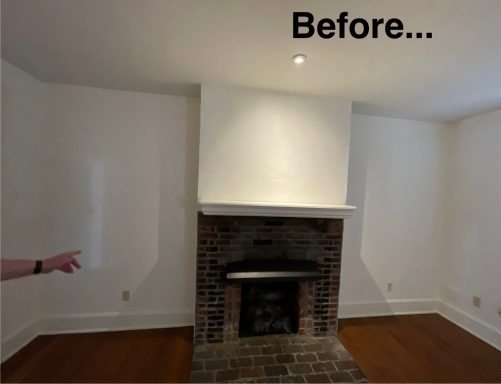 Empty room with a brick fireplace and white walls, labeled "Before."